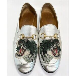 Gucci Silver Jordaan Loafers Gold Horse-bit Detail w/ Tiger Patch Sz EU 37.5 7.5